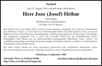 Traueranzeige von Joze Hribar von  Kreisanzeiger