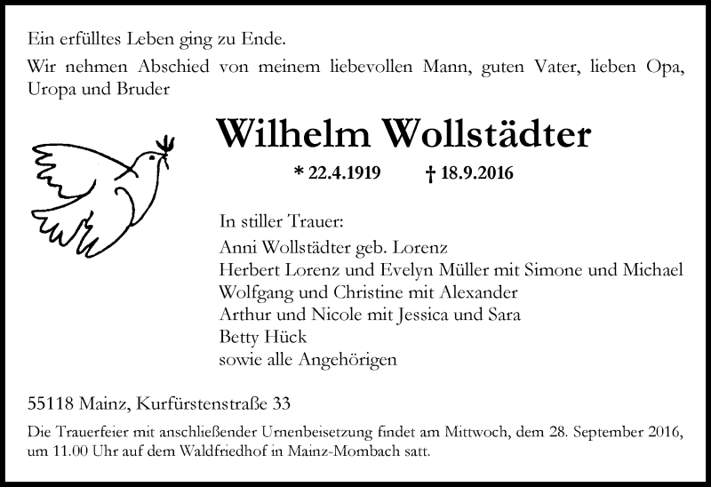  Traueranzeige für Wilhelm Wollstädter vom 24.09.2016 aus Trauerportal Rhein Main Presse