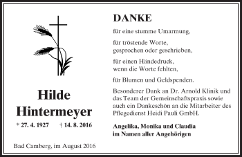 Traueranzeige von Hilde Hintermeyer von  Camberger Anzeiger