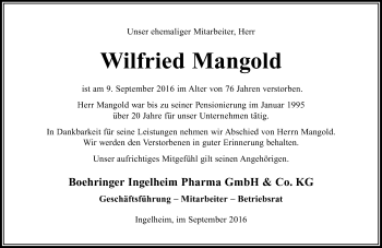Traueranzeige von Wilfried Mangold von Trauerportal Rhein Main Presse