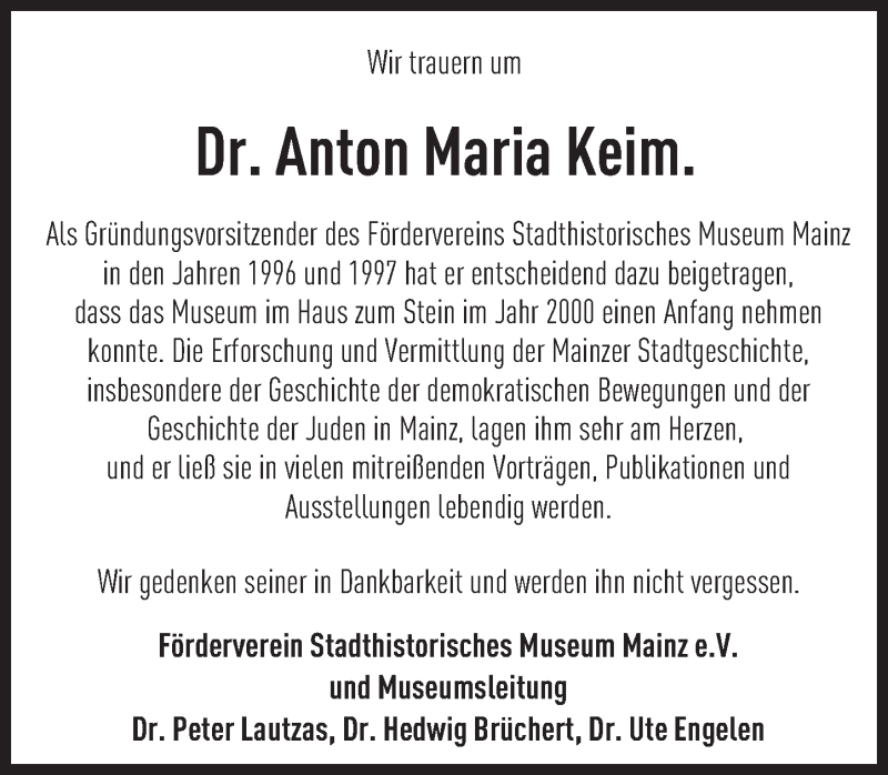  Traueranzeige für Anton Maria  Keim vom 16.09.2016 aus Trauerportal Rhein Main Presse