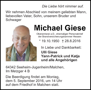 Traueranzeige von Michael Giese von Trauerportal Echo Online