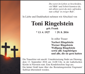 Traueranzeige von Toni Ringelstein von Trauerportal Rhein Main Presse
