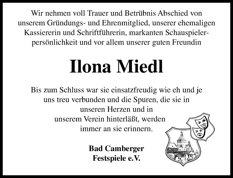  Traueranzeige für Ilona Miedl vom 01.09.2016 aus  Camberger Anzeiger