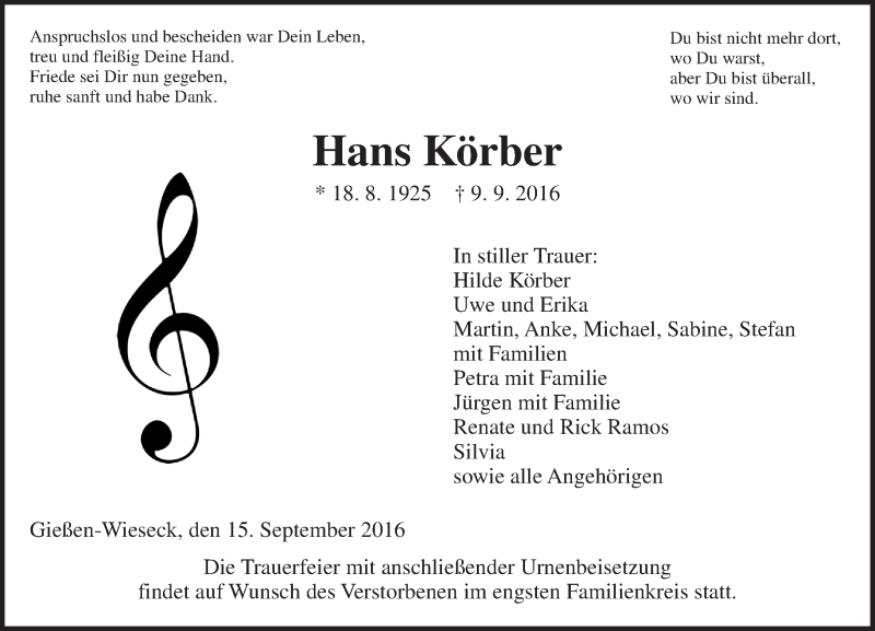 Traueranzeige für Hans Körber vom 15.09.2016 aus  Gießener Anzeiger
