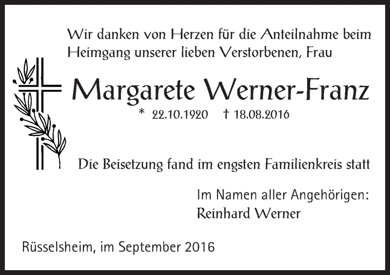  Traueranzeige für Margarete Werner-Franz vom 03.09.2016 aus Trauerportal Rhein Main Presse