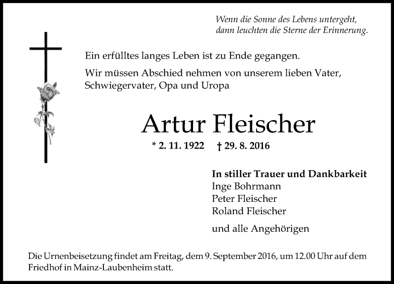 Traueranzeige für Artur Fleischer vom 03.09.2016 aus Trauerportal Rhein Main Presse