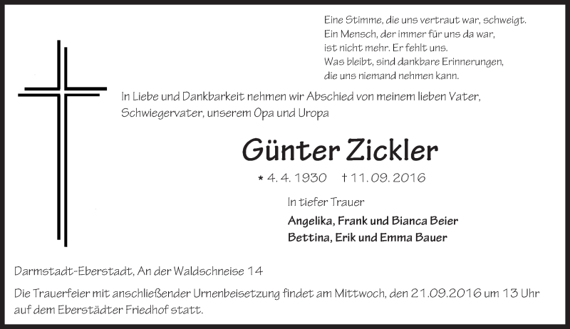  Traueranzeige für Günter Zickler vom 17.09.2016 aus Trauerportal Echo Online