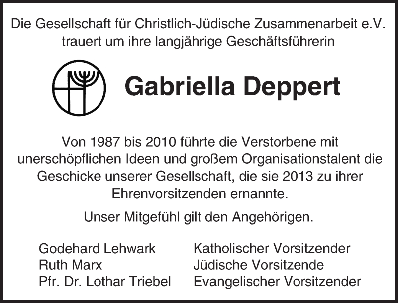  Traueranzeige für Gabriella Deppert vom 17.09.2016 aus Trauerportal Echo Online