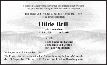 Traueranzeige von Hilde Brill von  Kreisanzeiger