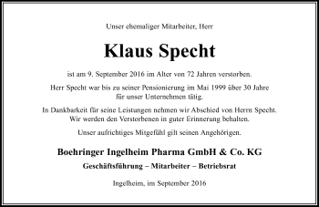 Traueranzeige von Klaus Specht von Trauerportal Rhein Main Presse