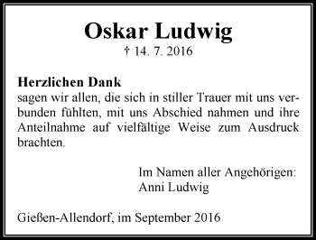 Traueranzeige von Oskar Ludwig von  Gießener Anzeiger