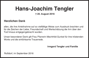 Traueranzeige von Hans-Joachim Tengler von Trauerportal Echo Online