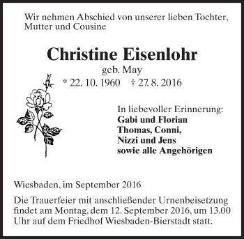 Traueranzeige von Christine Eisenlohr von Trauerportal Rhein Main Presse