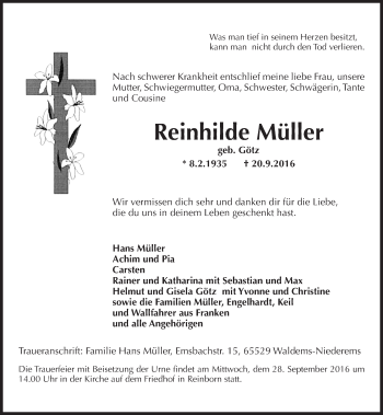 Traueranzeige von Reinhilde Müller von Trauerportal Rhein Main Presse