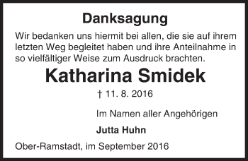 Traueranzeige von Katharina Smidek von Trauerportal Echo Online