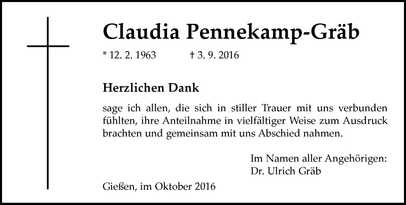  Traueranzeige für Claudia Pennekamp-Gräb vom 01.10.2016 aus  Gießener Anzeiger