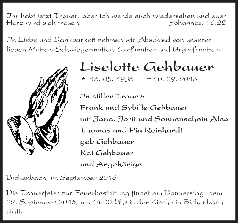  Traueranzeige für Liselotte Gehbauer vom 17.09.2016 aus Trauerportal Echo Online