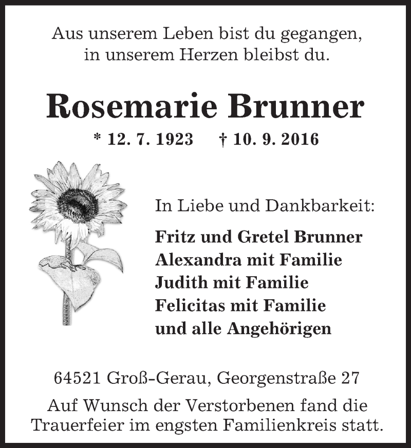  Traueranzeige für Rosemarie Brunner vom 24.09.2016 aus Trauerportal Echo Online