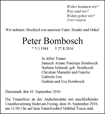 Traueranzeige von Peter Bombosch von Trauerportal Echo Online