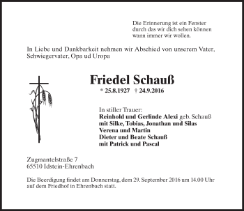 Traueranzeige von Friedel Schauß von Trauerportal Rhein Main Presse