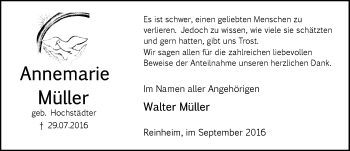 Traueranzeige von Annemarie Müller von Trauerportal Echo Online