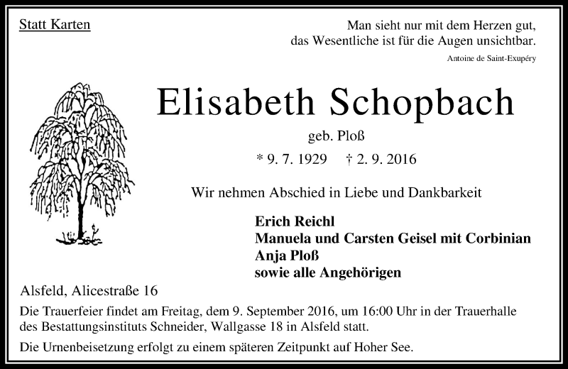  Traueranzeige für Elisabeth Schopbach vom 06.09.2016 aus VRM Trauer