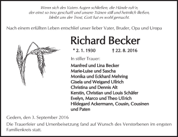 Traueranzeige von Richard Becker von  Kreisanzeiger