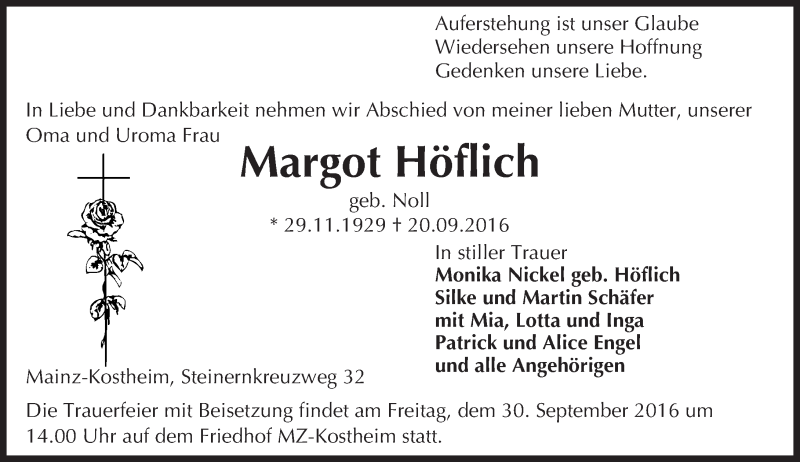  Traueranzeige für Margot Höflich vom 24.09.2016 aus Trauerportal Rhein Main Presse