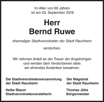 Traueranzeige von Bernd Ruwe von Trauerportal Rhein Main Presse