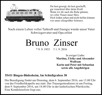 Traueranzeige von Bruno Zinser von Trauerportal Rhein Main Presse