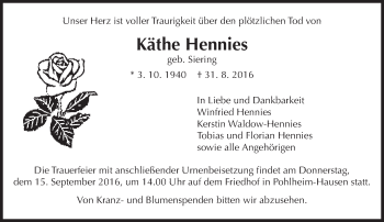 Traueranzeige von Käthe Hennies von  Gießener Anzeiger