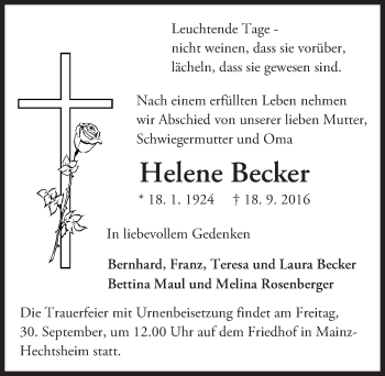 Traueranzeige von Helene Becker von Trauerportal Rhein Main Presse