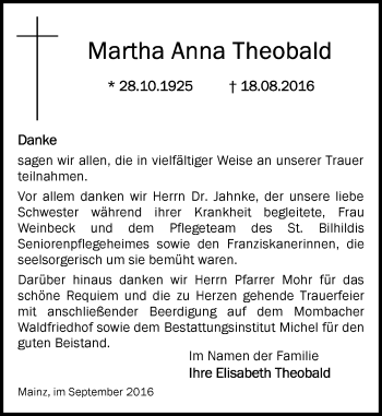 Traueranzeige von Martha Anna Theobald von Trauerportal Rhein Main Presse