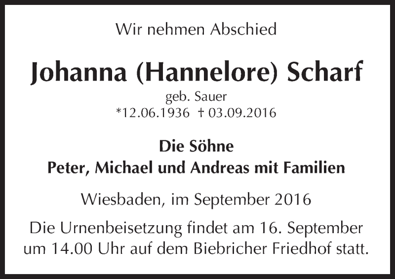  Traueranzeige für Johanna  Scharf vom 10.09.2016 aus Trauerportal Rhein Main Presse