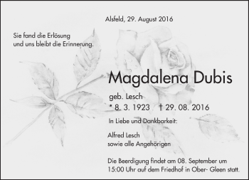 Traueranzeige von Magdalena Dubis von Trauerportal Rhein Main Presse