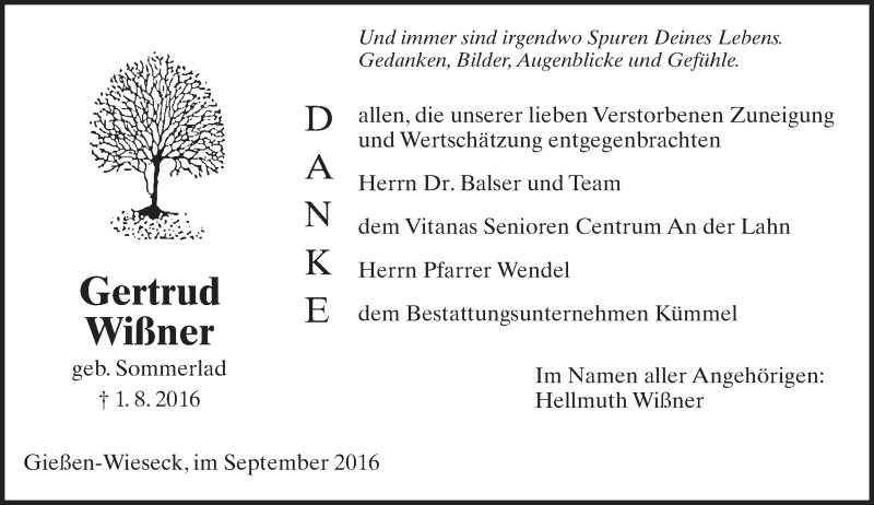  Traueranzeige für Gertrud Wißner vom 03.09.2016 aus  Gießener Anzeiger