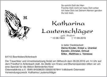 Traueranzeige von Katharina Lautenschläger von Trauerportal Echo Online