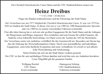 Traueranzeige von Heinz Dreibus von Trauerportal Rhein Main Presse