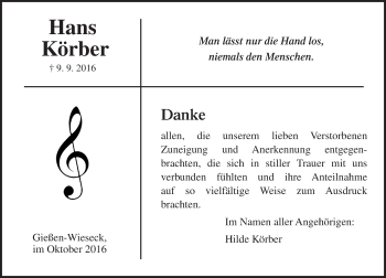 Traueranzeige von Hans Körber von  Gießener Anzeiger