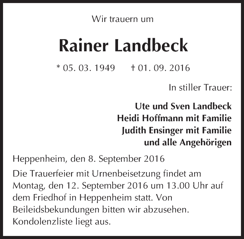  Traueranzeige für Rainer Landbeck vom 08.09.2016 aus Trauerportal Echo Online