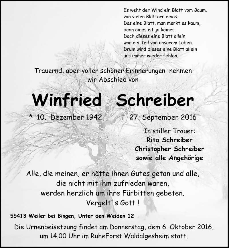  Traueranzeige für Winfried Schreiber vom 01.10.2016 aus Trauerportal Rhein Main Presse