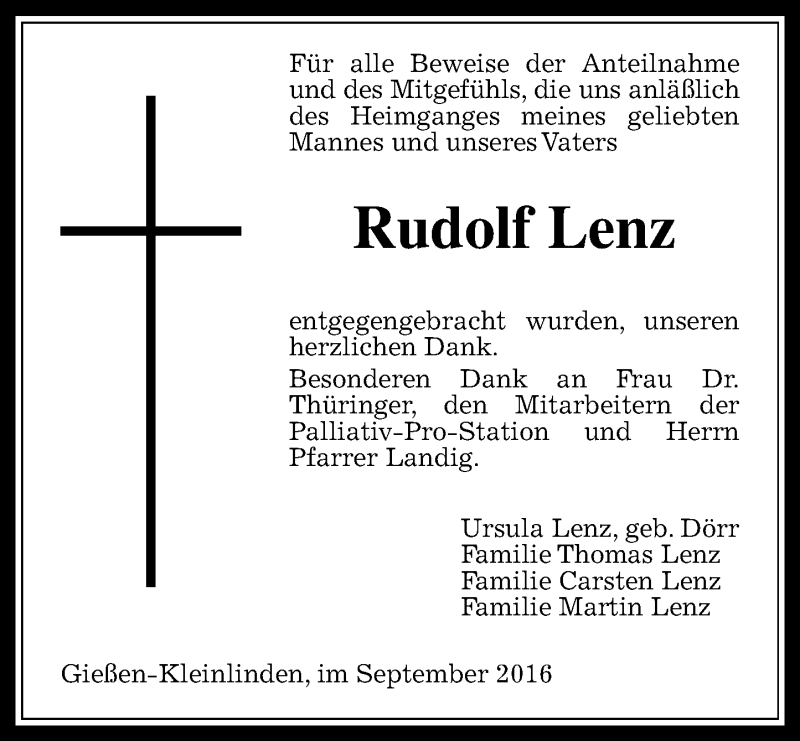  Traueranzeige für Rudolf Lenz vom 01.10.2016 aus  Gießener Anzeiger