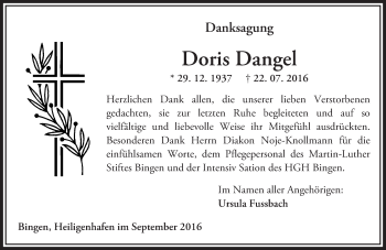 Traueranzeige von Doris Dangel von Trauerportal Rhein Main Presse