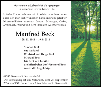 Traueranzeige von Manfred Beck von Trauerportal Echo Online