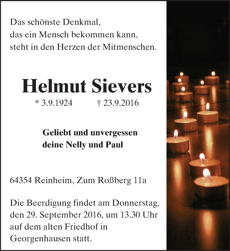 Traueranzeige für Helmut Sievers vom 27.09.2016 aus Trauerportal Echo Online