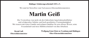 Traueranzeige von Martin Geiß von  Kreisanzeiger