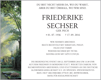 Traueranzeige von Friederike Sechser von Trauerportal Echo Online