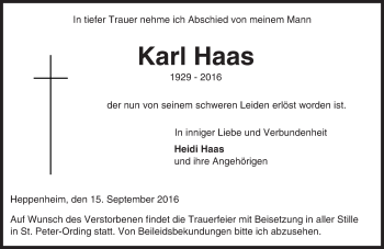 Traueranzeige von Karl Haas von Trauerportal Echo Online
