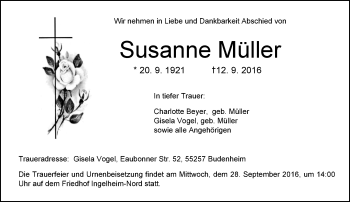 Traueranzeige von Susanne Müller von Trauerportal Rhein Main Presse